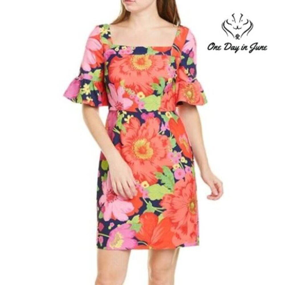 Trina Turk Kanan Square Neck Ruffle Sleeve Shift Dress Size 4